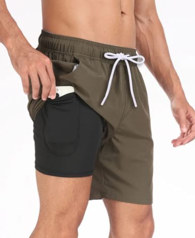 Quick-drying men's swim shorts with stretch & mobile phone pocket – Jonas-Army green-S-The Livary