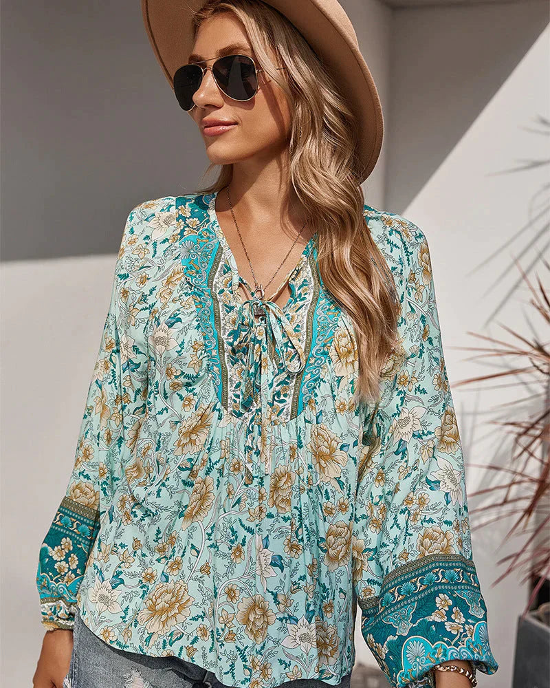 Vintage Boho summer blouse with floral print and long sleeves – Sana-Green-S-The Livary