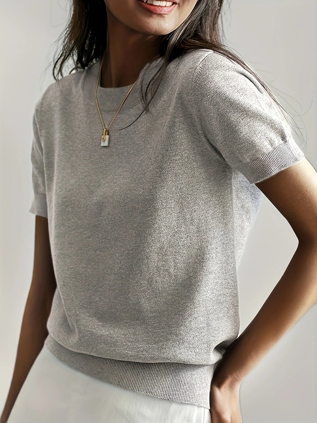 Spring Sweater with Short Sleeves – Mira-Light grey-XS-The Livary