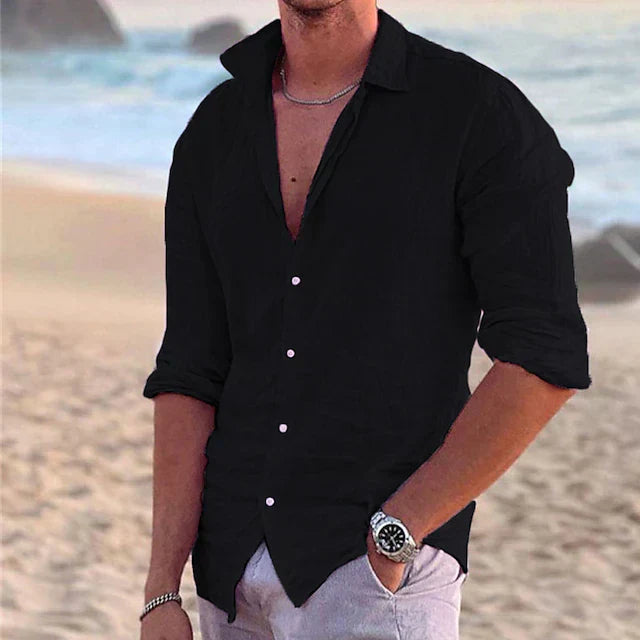 Casual men's linen shirt with long sleeves – Milan-Black-S-The Livary
