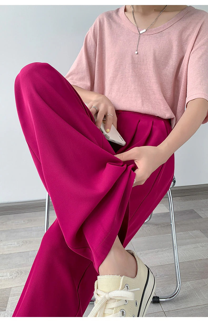 High-Waist Casual Women's Trousers with Wide Leg – Emilia-Pink-S-The Livary