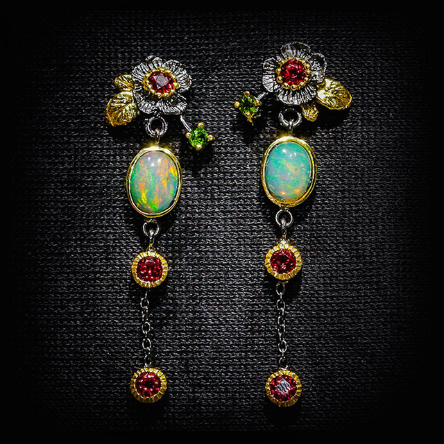 Boho Earrings with Opal and Red Zirconia - Elara-The Livary