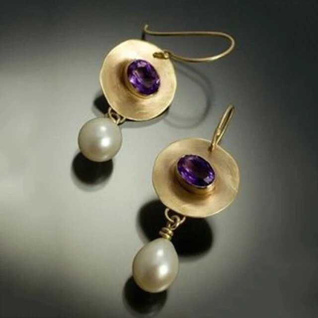 Gold-Plated Vintage Earrings with Pearl and Purple Zirconia - Amarise-The Livary
