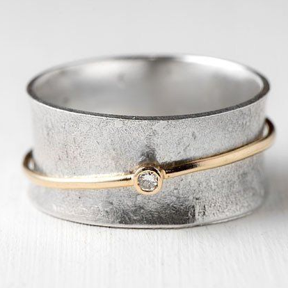Vintage Silver Ring with Golden Lines and Zirconia - Aurina-6-The Livary