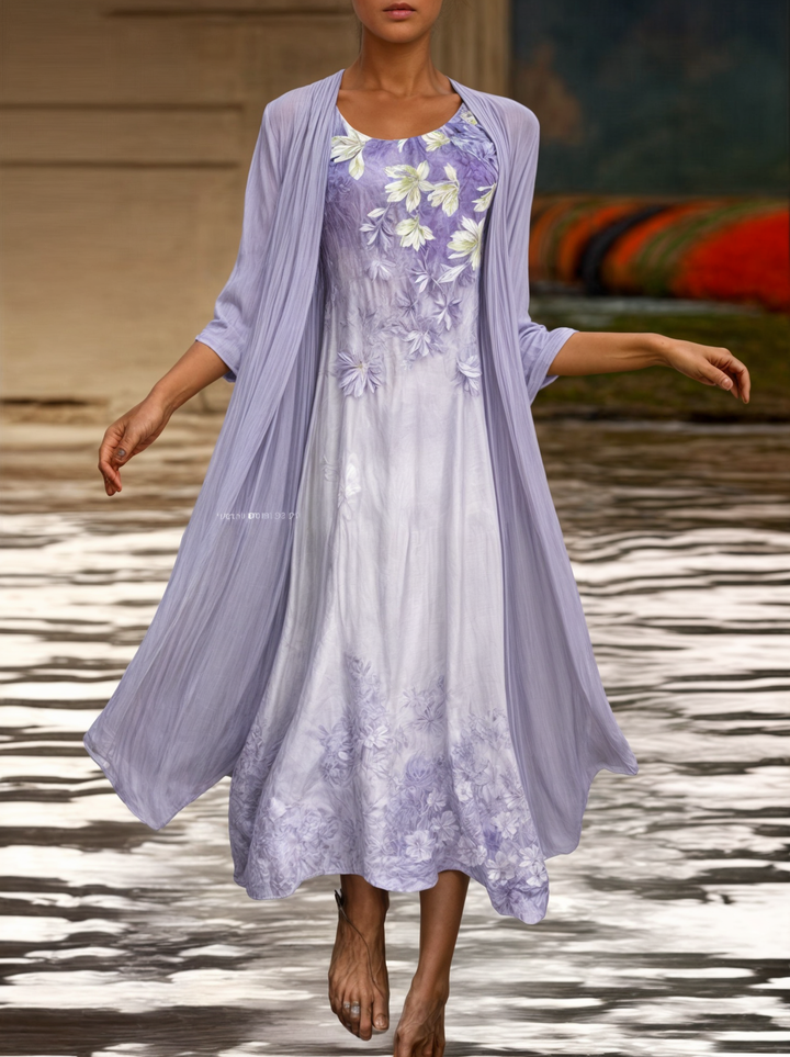 Stylish Floral A-Line Dress with Waistcoat for Women – Miray-Lilac-M-The Livary