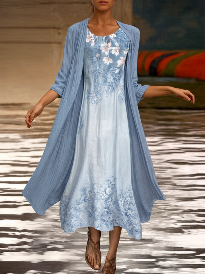 Stylish Floral A-Line Dress with Waistcoat for Women – Miray-Blue Star-M-The Livary
