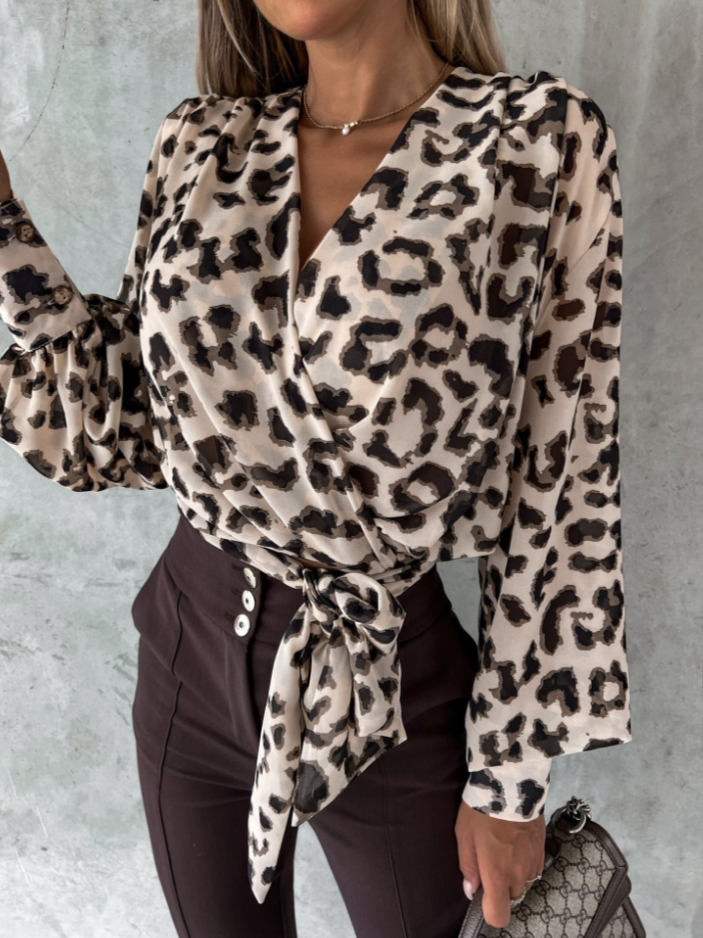 Stylish V-Neck Blouse with Puffed Sleeves - Mireille-Leopard print-S-The Livary