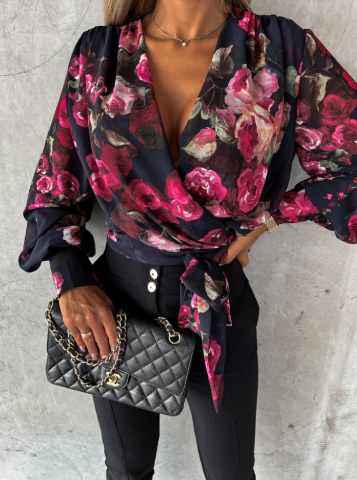 Stylish V-Neck Blouse with Puffed Sleeves - Mireille-Flower print-S-The Livary
