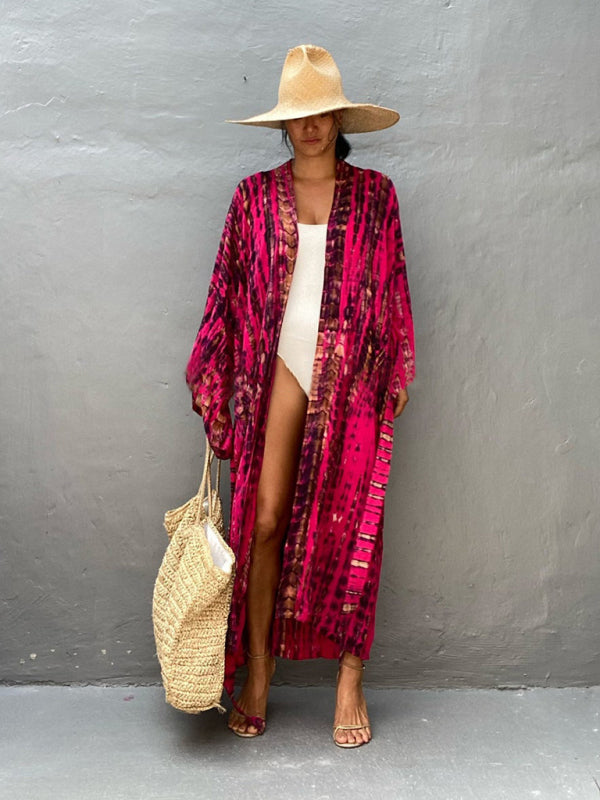 Woven kimono with tie belt – Leona-Red-One size fits all-The Livary