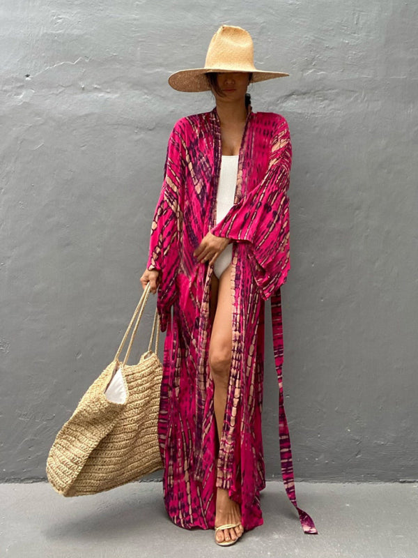 Woven kimono with tie belt – Leona-Pink-One size fits all-The Livary