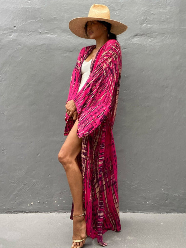 Woven kimono with tie belt – Leona-Pink-One size fits all-The Livary