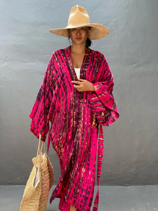 Woven kimono with tie belt – Leona-Pink-One size fits all-The Livary