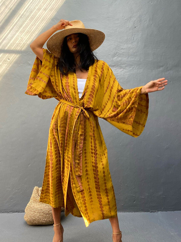 Woven kimono with tie belt – Leona-Yellow-One size fits all-The Livary