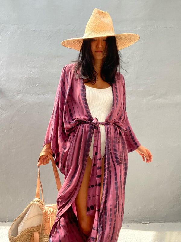 Woven kimono with tie belt – Leona-Pink-One size fits all-The Livary