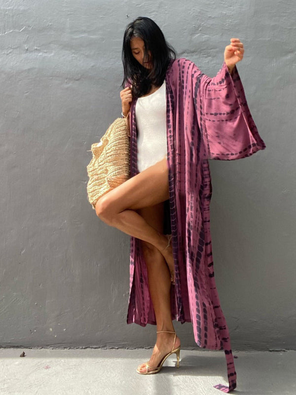 Woven kimono with tie belt – Leona-Pink-One size fits all-The Livary