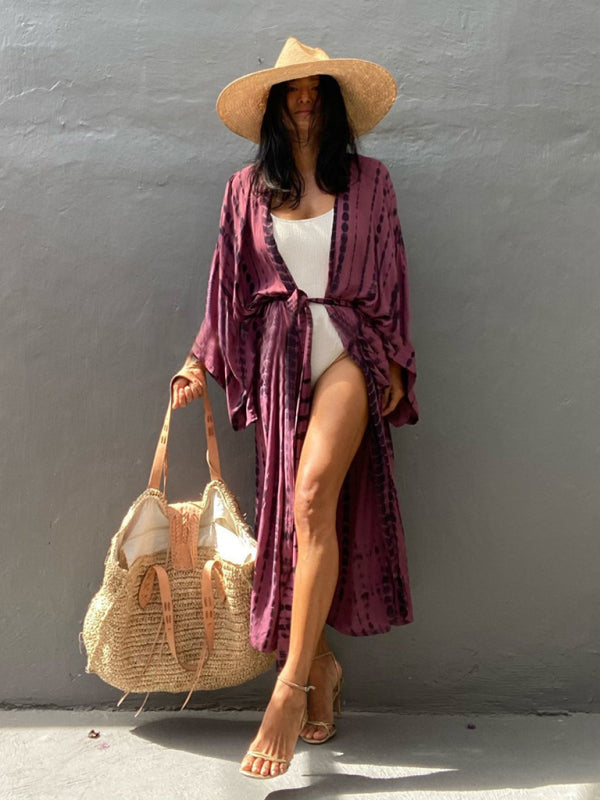 Woven kimono with tie belt – Leona-Pink-One size fits all-The Livary
