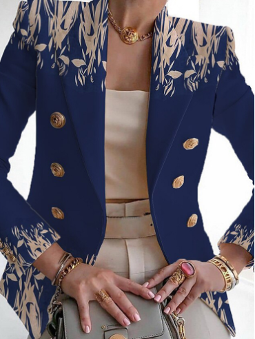 Stylish Floral Print Collarless Coat - Meliora-Dark blue-S-The Livary