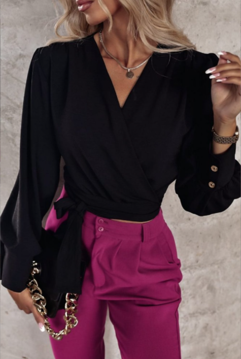 Stylish V-Neck Blouse with Puffed Sleeves - Mireille-Black-S-The Livary