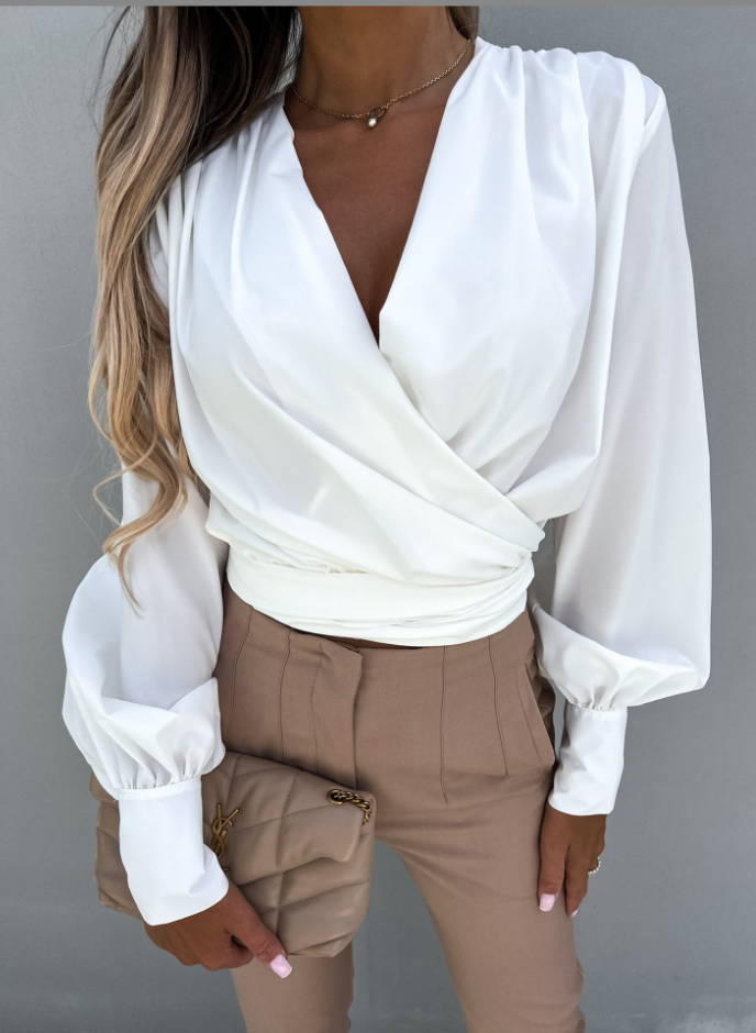 Stylish V-Neck Blouse with Puffed Sleeves - Mireille-White-S-The Livary