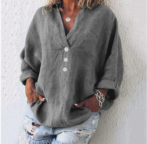 Lightweight women's linen blouse with button placket and V-neck – Elodie-Gray-S-The Livary