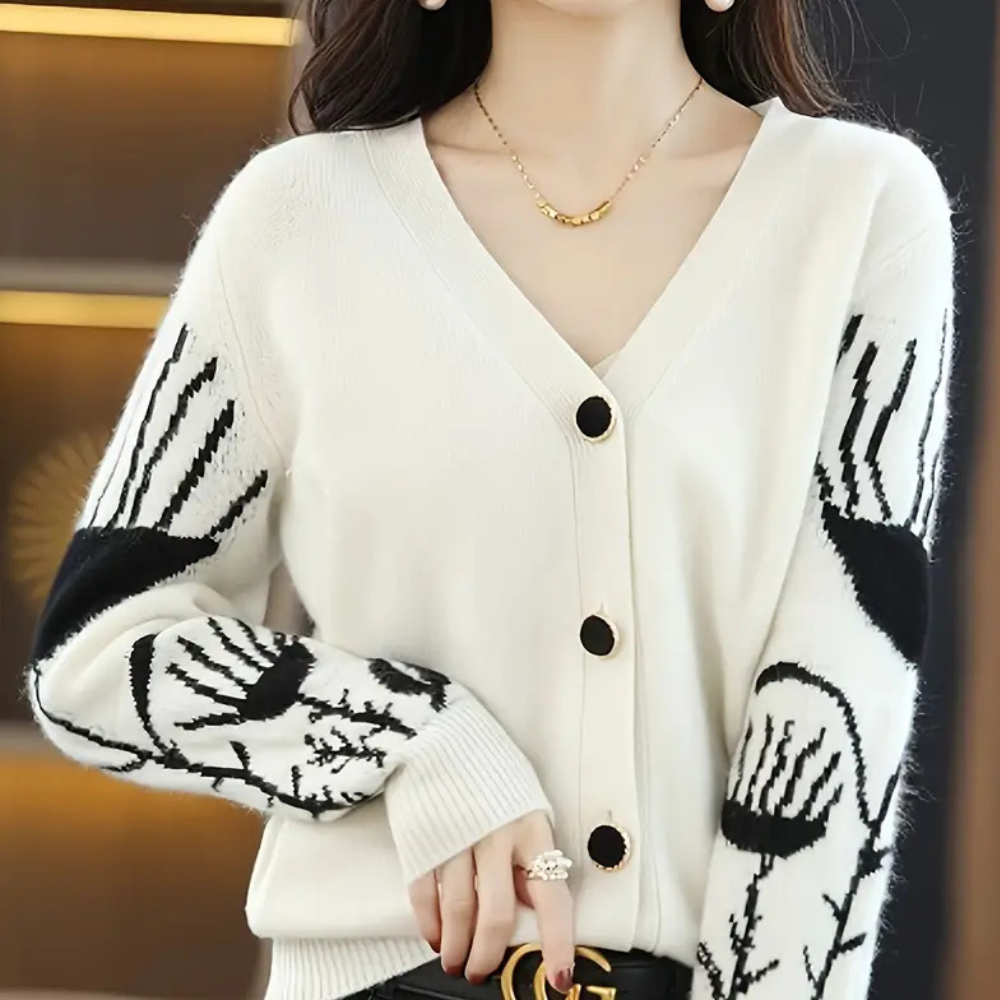 Warm V-neck Cardigan for Women - Elin-White-The Livary