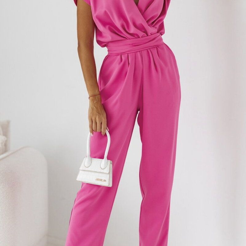 Trendy women's summer jumpsuit with short sleeves & waist emphasis – Alina-Pink-S-The Livary