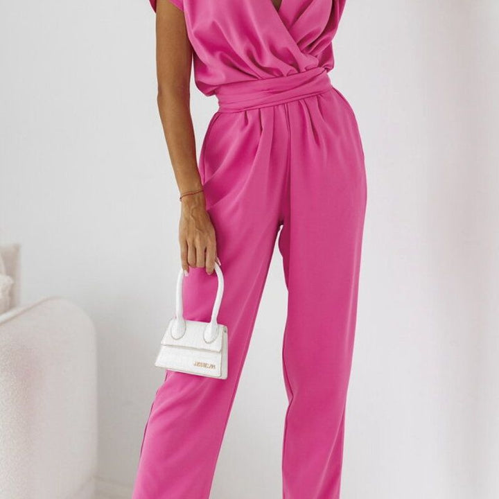 Trendy women's summer jumpsuit with short sleeves & waist emphasis – Alina-Pink-S-The Livary