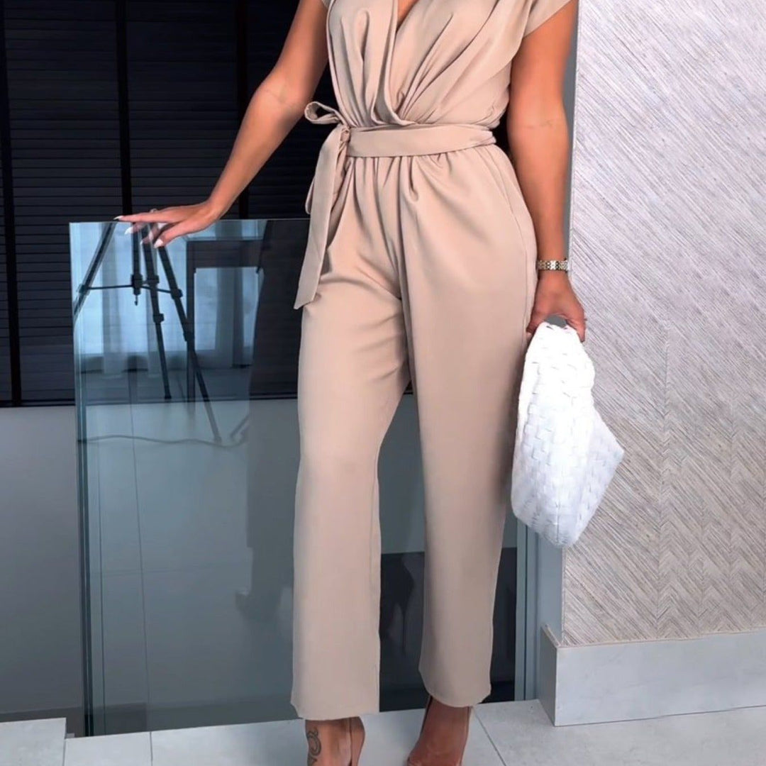 Trendy women's summer jumpsuit with short sleeves & waist emphasis – Alina-Beige-S-The Livary