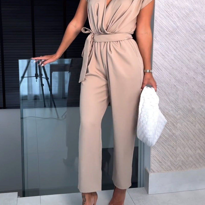 Trendy women's summer jumpsuit with short sleeves & waist emphasis – Alina-Beige-S-The Livary
