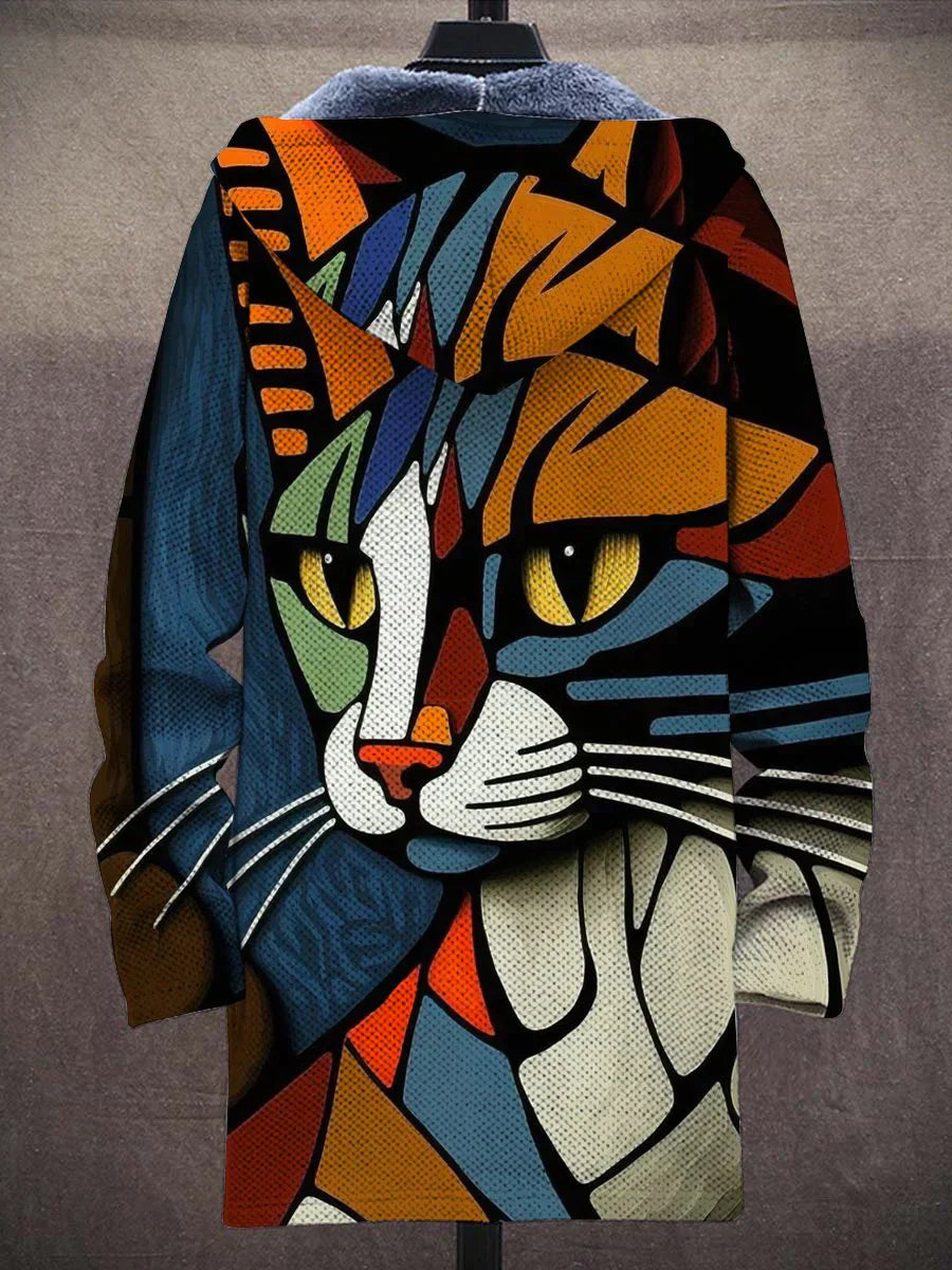 Abstract Cat Print Jacket with Plush Lining - Luna-S-The Livary
