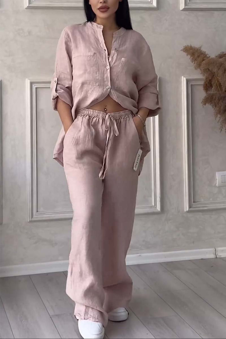 Trendy women's linen two-piece set with blouse & wide trousers – Lina-Apricot-S-The Livary