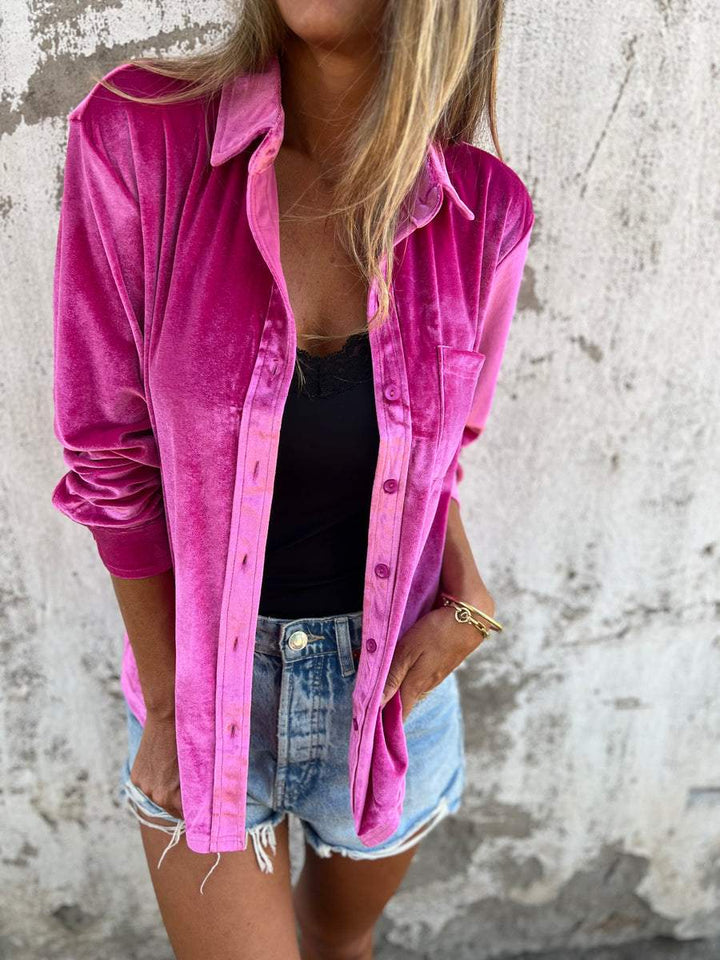 Trendy Velvet Blouse with Long Sleeves - Clara-Pink-S-The Livary