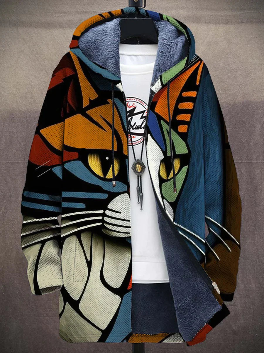 Abstract Cat Print Jacket with Plush Lining - Luna-S-The Livary