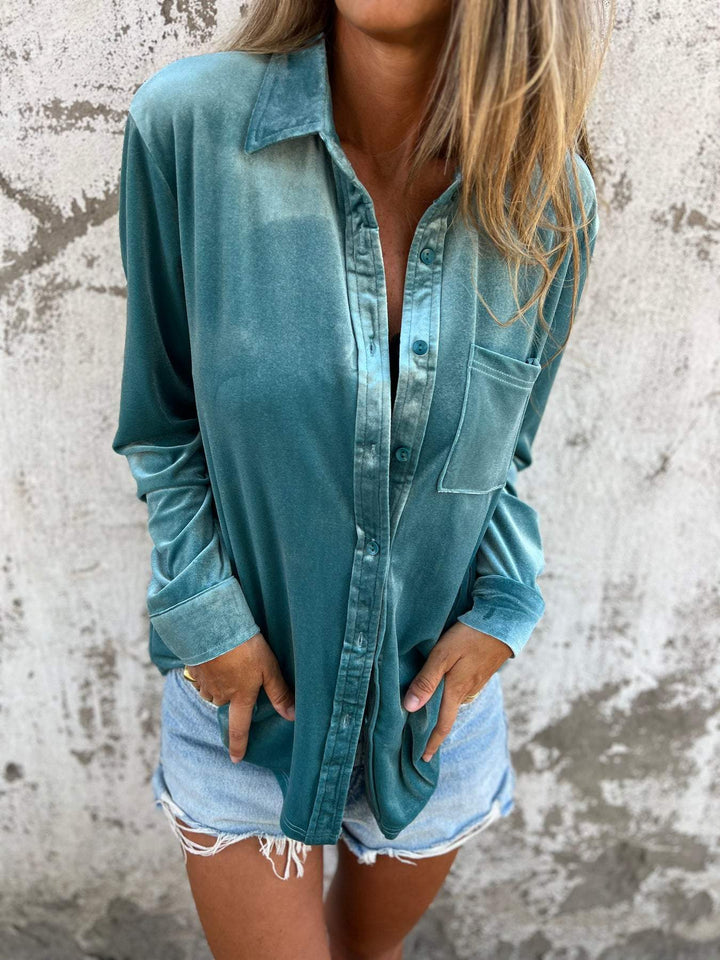 Trendy Velvet Blouse with Long Sleeves - Clara-Light blue-S-The Livary