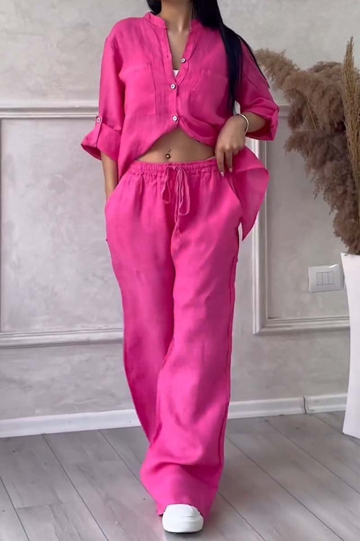 Trendy women's linen two-piece set with blouse & wide trousers – Lina-Pink-S-The Livary