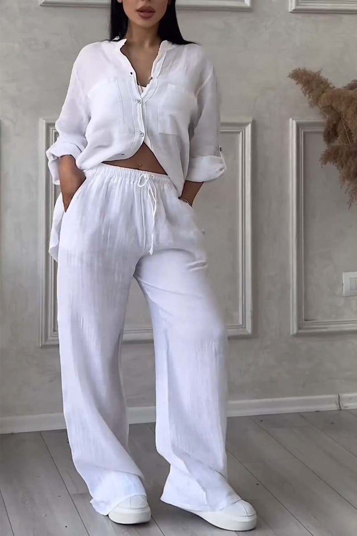 Trendy women's linen two-piece set with blouse & wide trousers – Lina-White-S-The Livary