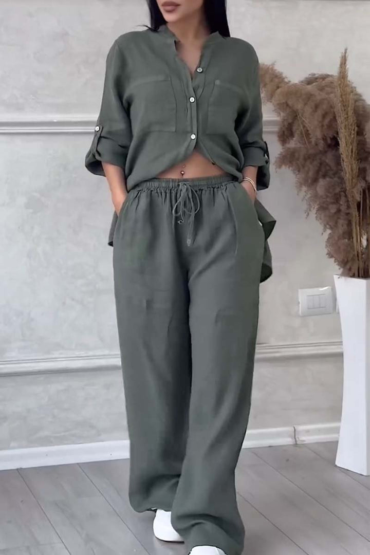 Trendy women's linen two-piece set with blouse & wide trousers – Lina-Army green-S-The Livary
