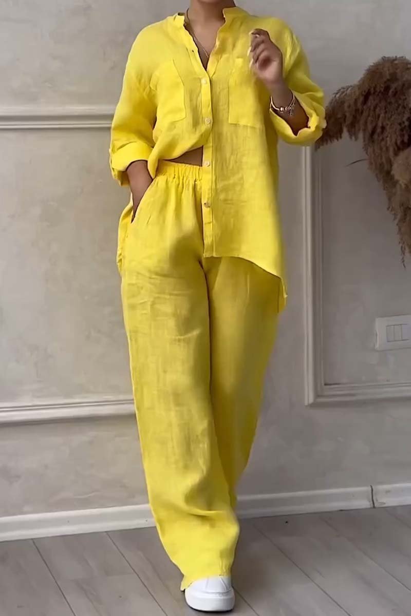 Trendy women's linen two-piece set with blouse & wide trousers – Lina-Yellow-S-The Livary