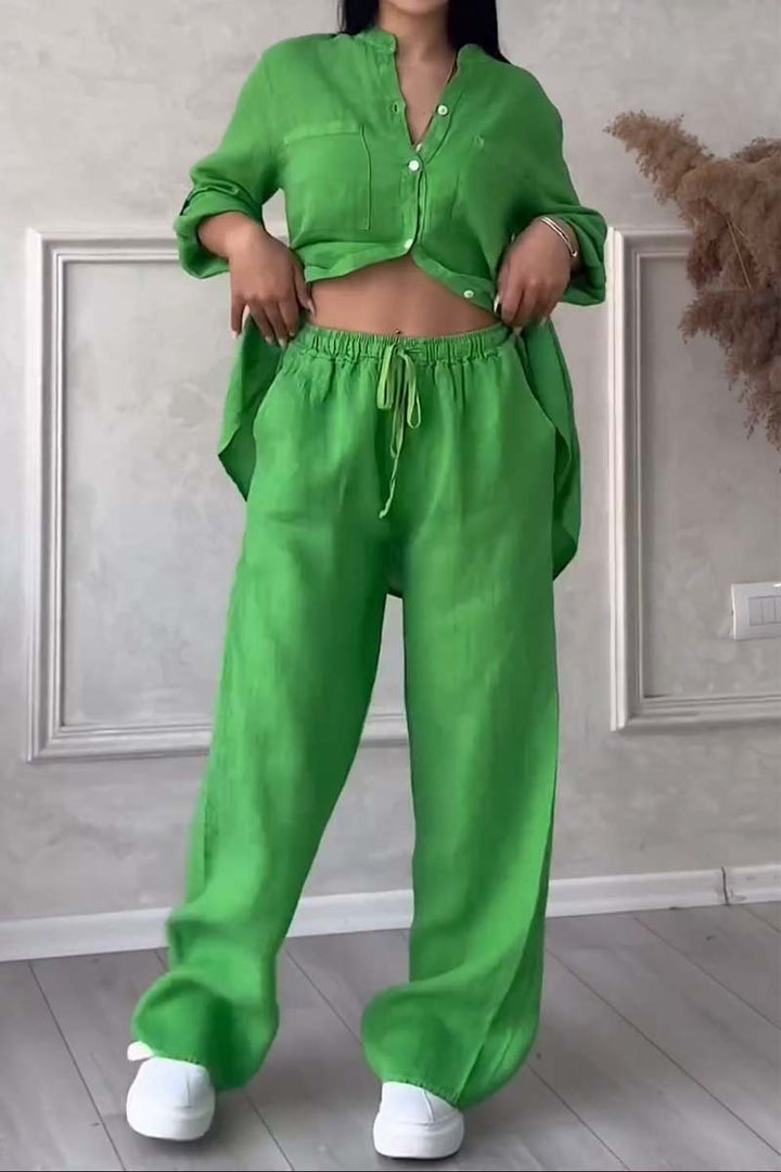 Trendy women's linen two-piece set with blouse & wide trousers – Lina-Green-S-The Livary