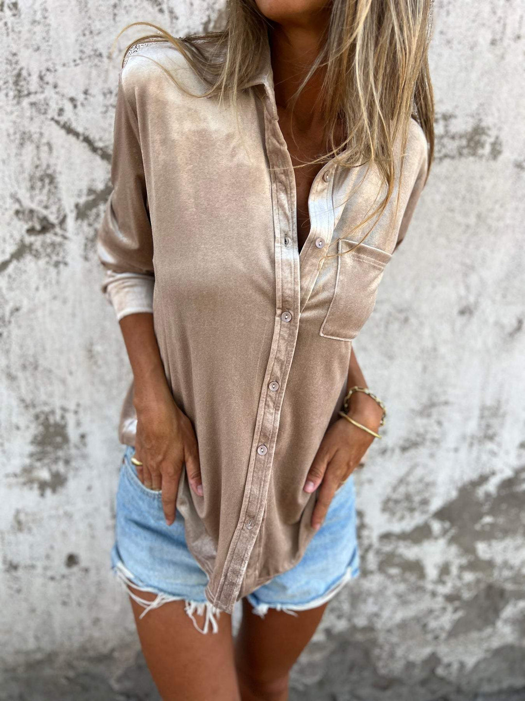 Trendy Velvet Blouse with Long Sleeves - Clara-Apricot-S-The Livary