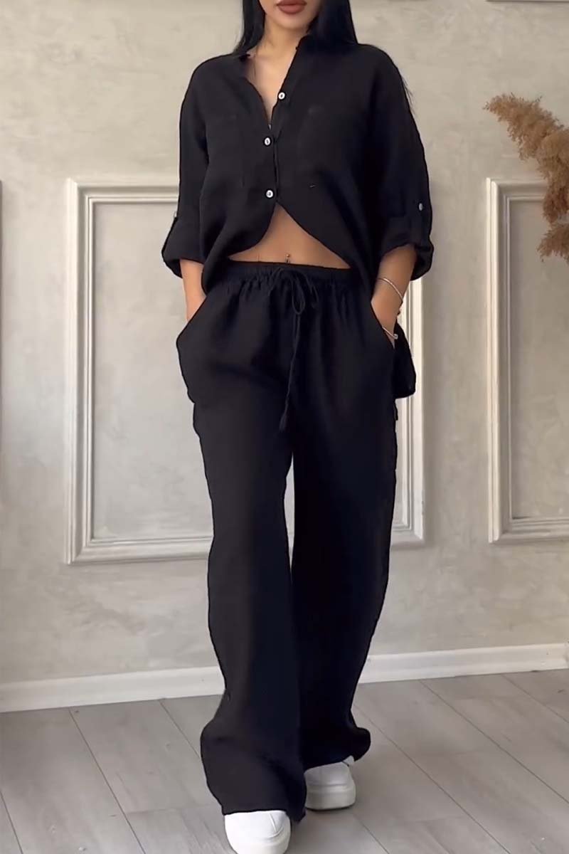 Trendy women's linen two-piece set with blouse & wide trousers – Lina-Black-S-The Livary