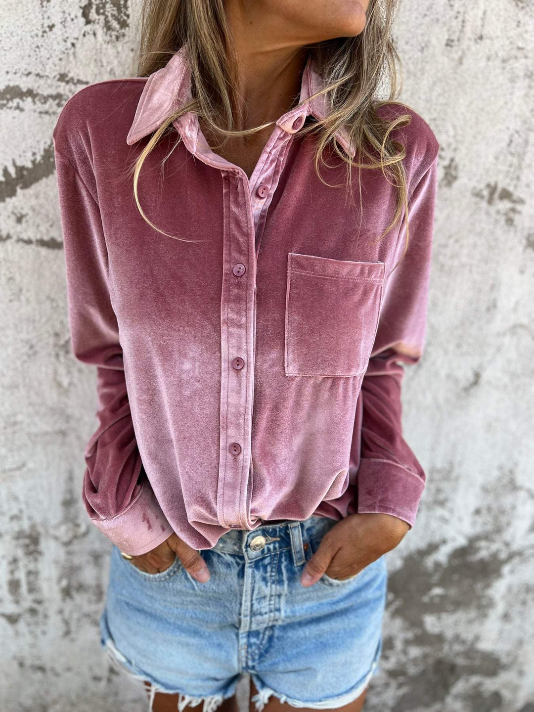 Trendy Velvet Blouse with Long Sleeves - Clara-Pink-S-The Livary