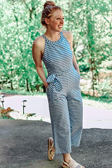 Striped summer jumpsuit for women with wide leg and V-neck – Alina-Blue-S-The Livary