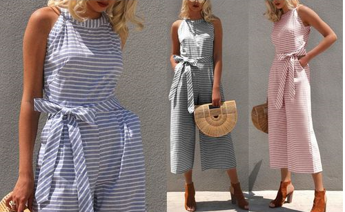 Striped summer jumpsuit for women with wide leg and V-neck – Alina-Blue-S-The Livary