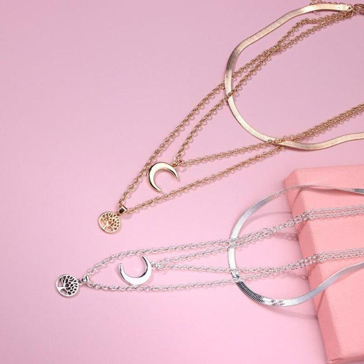 Tree of Life & Half Moon Multilayer Necklace - Selestina-Gold-The Livary