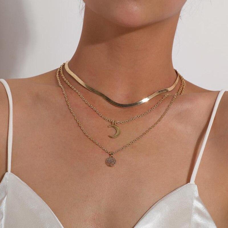 Tree of Life & Half Moon Multilayer Necklace - Selestina-Gold-The Livary