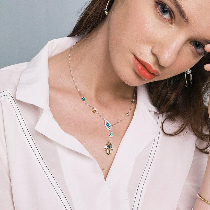 Silver Hamsa Crystal Necklace - Nayomi-The Livary