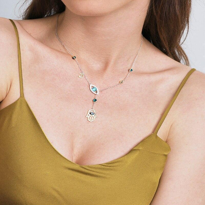 Silver Hamsa Crystal Necklace - Nayomi-The Livary