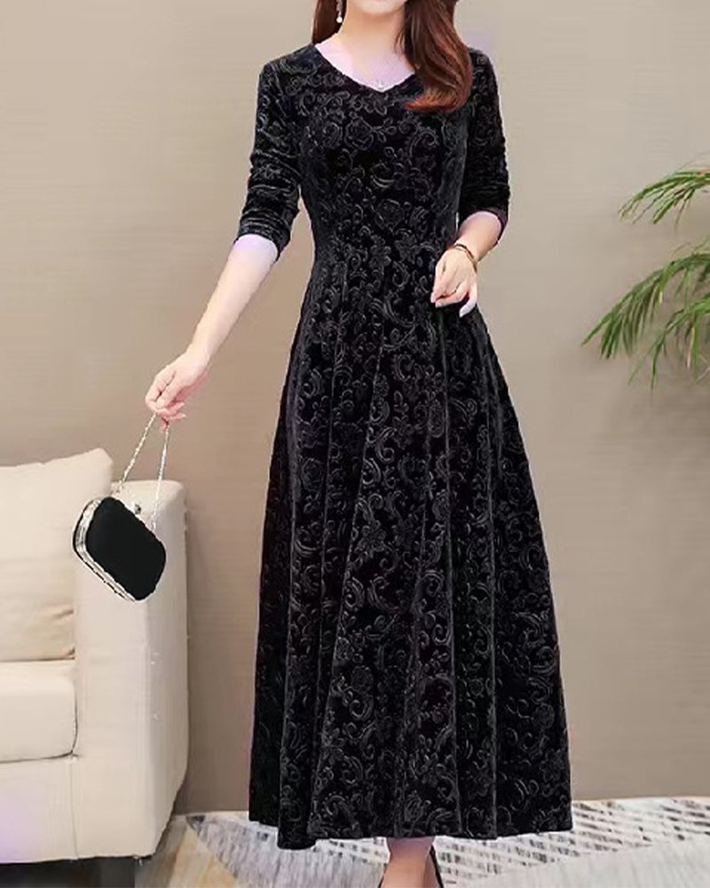 Velvet Midi Dress with Long Sleeves - Selina-Red wine-M-The Livary
