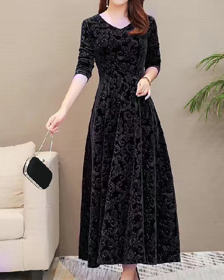 Velvet Midi Dress with Long Sleeves - Selina-Red wine-M-The Livary